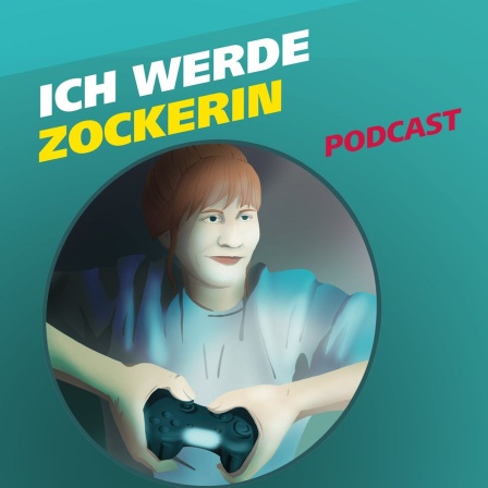 Covergrafik der Podcast-Folge von "Meine Challenge": Ich werde Zockerin. Die Illustration zeigt eine junge Frau, die einen Gaming-Controller in den Händen hält. Daneben der Schriftzug: Ich werde Zockerin. Gestaltung: Jessica Brautzsch