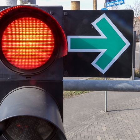 Ein Grüner Pfeil hängt neben einer roten Ampel und erlaubt das Abbiegen trotz Rotlicht.