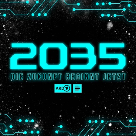 Podcastcover der Hörspielreihe "2035. Die Zukunft beginnt jetzt": hellblauer Titelschriftzug auf schwarzem Himmel.