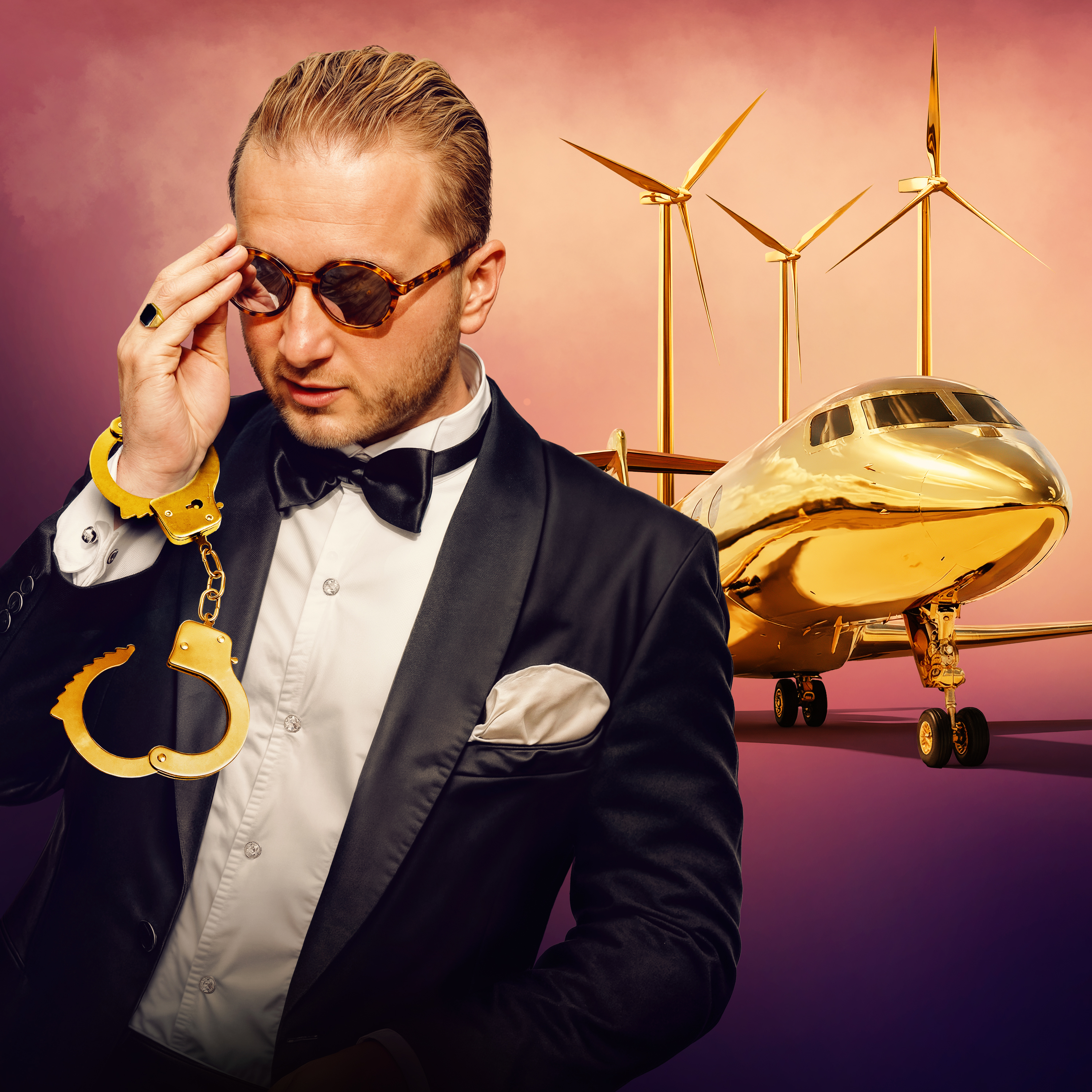 Mann mit Smoking und Sonnenbrille, am rechten Handgelenk baumeln goldende Handschellen, im Hintergrund ein goldener Privat-Jet und goldene Windräder