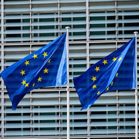 Drei europäische Flaggen stehen nebeneinander und wehen im Wind
