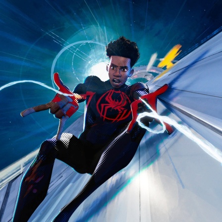 Miles Morales in seinem Spiderman-Kostüm, aber ohne Maske, lässt Spinnfäden aus seinen Händen schießen, um einen scheinbar drohenden Absturz in ein helles Licht zu verhindern.