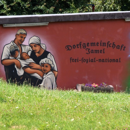 Hauswand in Jamel bei Wismar mit dem Schriftzug &#034;Dorfgemeinschaft Jamel frei-sozial-national&#034;. Das Bild wird von vielen Rrechtsextremen bewohnten (2012)
