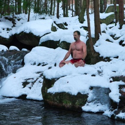 Daniel Ruppert meditiert mit freiem Oberkörper im Schnee sitzend an einem vereisten Wasserfall in Polen.