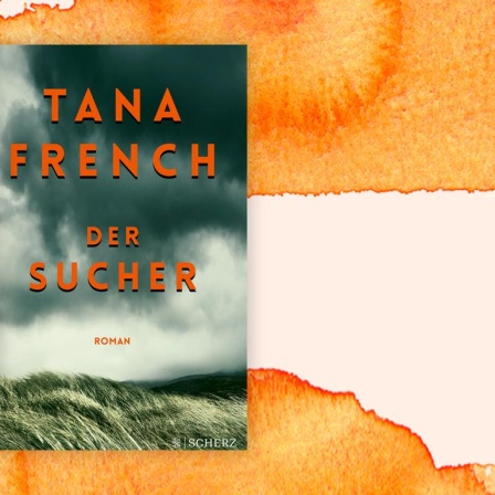 Das Cover des Kriimis von Tana French, "Der Sucher", auf orange-weißem Grund.