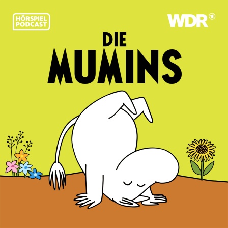 Podcastcover "Die Mumins". Mumin macht einen Handstand vor einer gelblichen Wand.