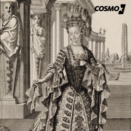 Auf einer schwarzweiss Zeichnung ist eine Frau zu sehen. Sie trägt ein festliches Kleid.