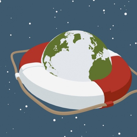 Eine Illustration: Der Planet Erde fliegt in einem Rettungsring im Weltraum