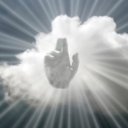 Die Hand Gottes am Himmel mit Wolke und leuchtenden Strahlen