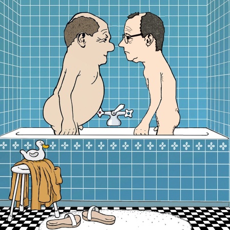 Satirisches Bild im Stile eines Loriot Klassikers mit Olaf Scholz und Friedrich Merz die sich als Cartoon-Figuren nackt in einer Badewanne gegenüberstehen 