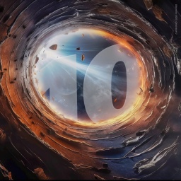 Illustration eines Wurmlochs, als Wasserzeichen die Zahl Zehn.