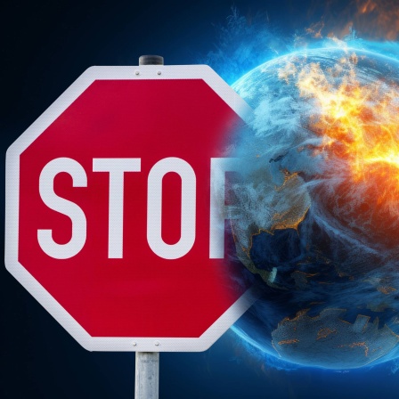 Fotomontage: Vor einem glühenden und zerstörten Planet Erde steht ein Stopschild