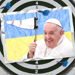 Eine Fotomontage zeigt den Papst, der vor einer Ukraine-Flagge eine weiße Fahne schwenkt.