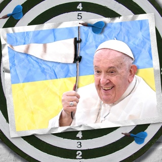Eine Fotomontage zeigt den Papst, der vor einer Ukraine-Flagge eine weiße Fahne schwenkt.