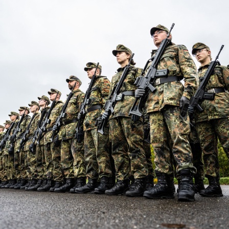 Im Heimatschutzregiment: Bundeswehrsoldaten und Soldatinnen stehen in einer Reihe
