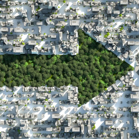 Ein grüner Park mit Bäumen in Pfeilform in einer Stadt von morgen.