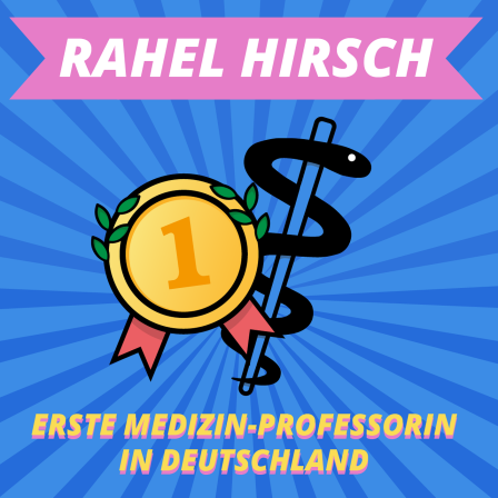 Episodenbild vom MDR TWEENS Podcast Magisches Mikro auf dem eine Auszeichnung und der Schlangenstab als medizinisches Symbol abgebildet ist und die Schrift "Rahel Hirsch, erste Medizin-Professorin in Deutschland"