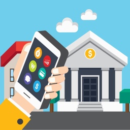 Smartphone mit verschiedenen Banking-Apps, im Hintergrund eine Bank (Grafik): Fintech im Bezug auf Mobile Banking