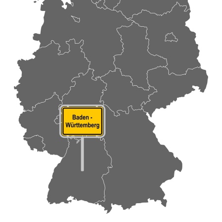 Deutschlandkarte; das Bundesland Baden-Württemberg ist markiert: 70 Jahre Baden-Württemberg - Am 25. April 1952 wurden Württemberg-Baden, Baden und Würrtemberg-Hohenzollern zum Bundesland Baden-Württemberg vereinigt