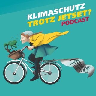 Eine Grafik, die eine Frau auf einem Fahrrad zeigt sowie der Schriftzug "Klimaschutz trotz Jetset" und der Hinweis