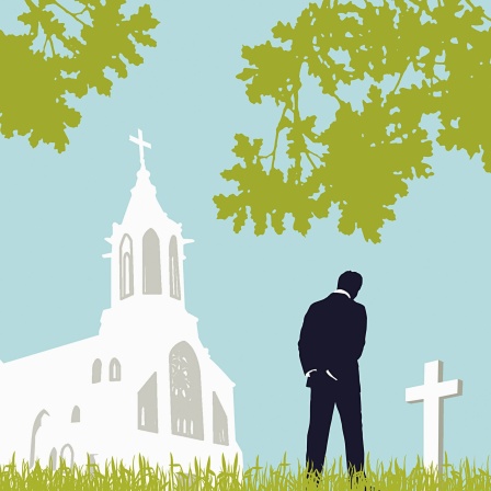 Symbolbild: Zeichnung: Mann steht auf einem Friedhof vor einem Grab (Kirche im Hintergrund)