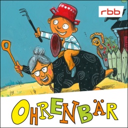 Bunte Zeichnung: Ein Junge mit Kochtopf auf einer Oma mit Kochlöffel, die gemeinsam durch den Garten 'robben' (Quelle: rbb/OHRENBÄR/Horst Klein)