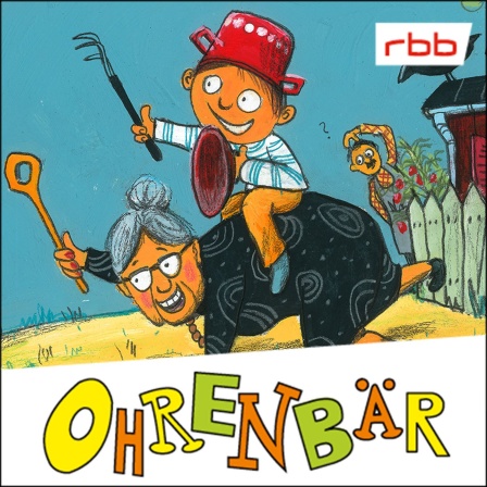 Bunte Zeichnung: Ein Junge mit Kochtopf auf einer Oma mit Kochlöffel, die gemeinsam durch den Garten 'robben' (Quelle: rbb/OHRENBÄR/Horst Klein)