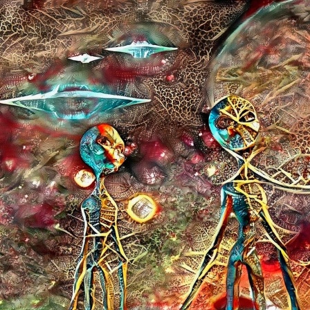 Surreales Gemälde mit drei Aliens und Ufos im Hintergrund.