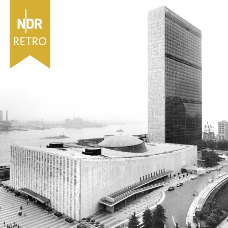 Hauptsitz der Vereinten Nationen mit Blick auf den East River, New York City, Juli 1959.