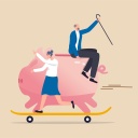 Illustration: Ein altes Paar mit grossem Geldschwein auf einem Skateboard.