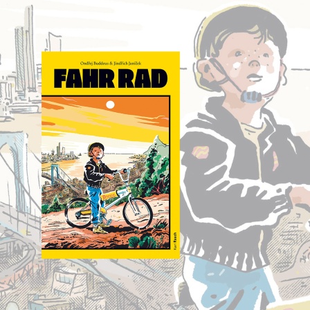 orange-gelb farbenes Cover mit Jungen auf einem BMX-Fahrrad im Comicstyle