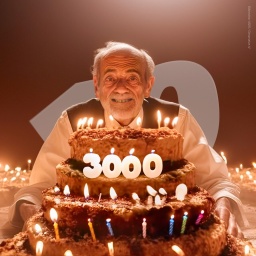 Ein alter Mann sitzt vor einer Geburtstagstorte, die mit der Zahl 3000 garniert ist. Im Hintergrund die Zahl 10 als Wasserzeichen. Dieses Bild wurde von einer Künstlichen Intelligenz (Generative AI) erstellt.