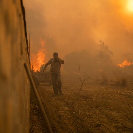 Ein Einheimischer flieht vor den Flammen von einem Waldbrand im Dorf Gennadi. in Griechenland (Bild: dpa)