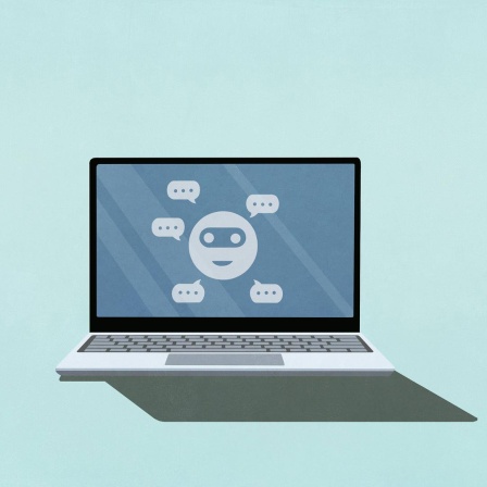 Illustration: Ein Gesicht und Chat-Blasen auf einem Laptop-Bildschirm. 