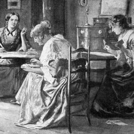 BRONTË SCHWESTERN. Charlotte (1816-1855), Emily Jane (1818-1848) und Anne (1820-1849) Brontë schreiben im Pfarrhaus in Haworth.
