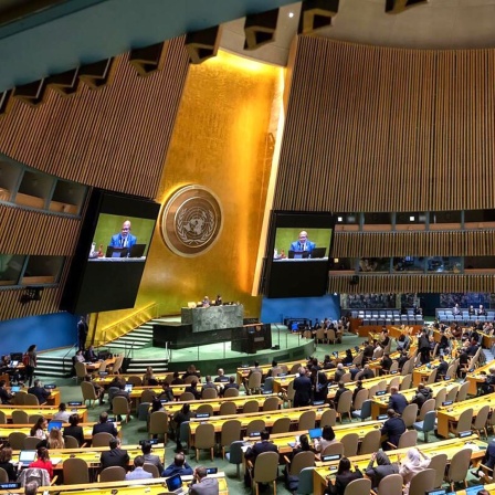 Dennis Francis (links am Podium und auf den Bildschirmen), Präsident der 78. Sitzung der Generalversammlung der Vereinten Nationen (UN), leitet die wieder aufgenommene 10. Dringlichkeitssondersitzung zum Thema «Illegale israelische Aktionen im besetzten Ost-Jerusalem und dem Rest des besetzten palästinensischen Gebiets».