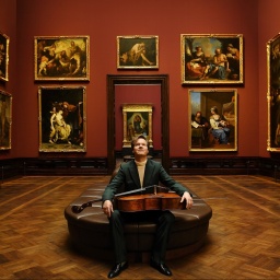 Jan Vogler sitzt mit einem Cello auf dem Schoß in der Dresdner Gemäldegalerie und schaut nach oben.