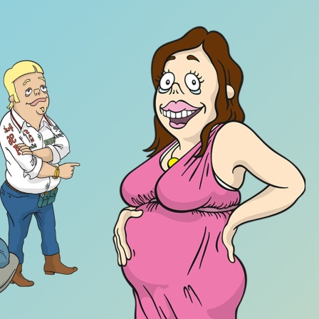 Charaktere aus der NDR 2 Comedy-Serie "Wir sind die Freeses". Im Vordergrund steht Bianca, die im 6. Monat schwanger ist.