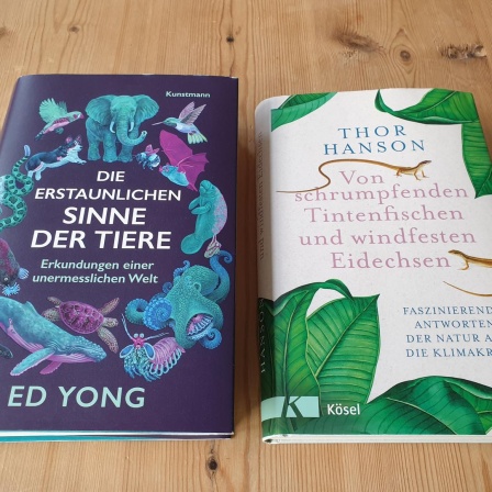 Die Cover der Bücher "Die erstaunlichen Sinne der Tiere" von Ed Yong und "Von schrumpfenden Tintenfischen und windfesten Eidechsen" von Thor Hanson.