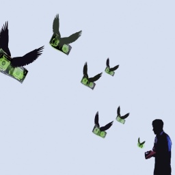 Illustration: Geldscheine mit Flügeln fliegen aus dem geöffneten Portmonnaie eines Mannes.