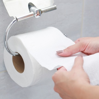 Eine Frau reißt Toilettenpapier von einer Rolle ab. 