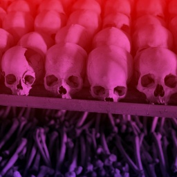 Illustration: WDR Hörspiel-Podcast "Dunkle Seelen": Denkmal aus unzähligen Schädeln und Knochen derer, die bei dem Genozid in Ruanda ermordert wurden; das Bild ist rot und lila hinterlegt.
