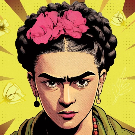 Zeichnung: Frida Kahlo schaut bestimmt, der Hintergrund ist gelb.