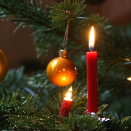 Tannenbaum mit Kerzen und Weihnachtskugeln