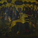 Der mittlere Teil des Triptychon-Tafelgemaeldes Die Einhornjagd (um 1420) im katholischen Dom St. Marien in Erfurt