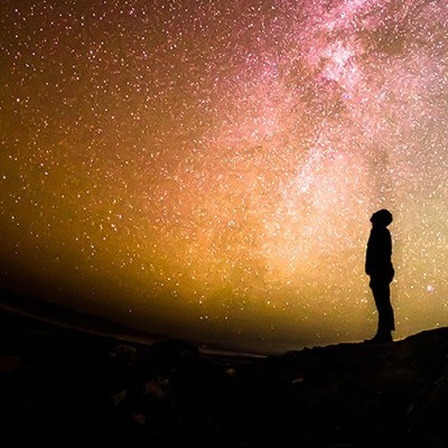 Eine Person guckt in den Himmel
