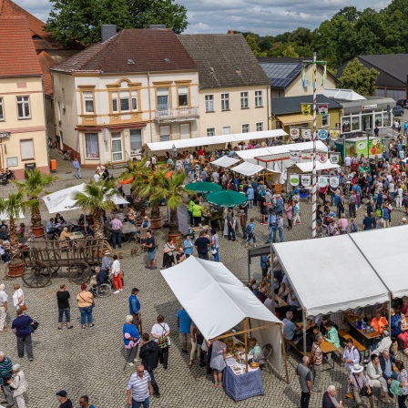 Menschen laufen beim Spreewälder Gurkentag in Golßen über den Markt. (Bild: picture alliance/dpa/Frank Hammerschmidt)