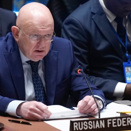 Der russische Botschafter bei den Vereinten Nationen, Wassili Nebensja, spricht während der Sitzung des Sicherheitsrates im Hauptquartier der Vereinten Nationen in New York (USA).