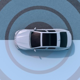 Illustration zum Thema autonomes Fahren. Ein stilisiertes Fahrzeug auf einer grau-blauen Fläche, die mit Kreisen versehen ist.