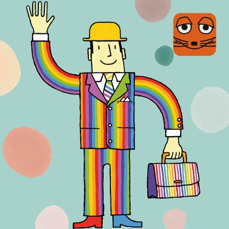 Illustration: Der zauberhafte Nachbar Herr Röslein trägt einen Regenbogenanzug und winkt.
